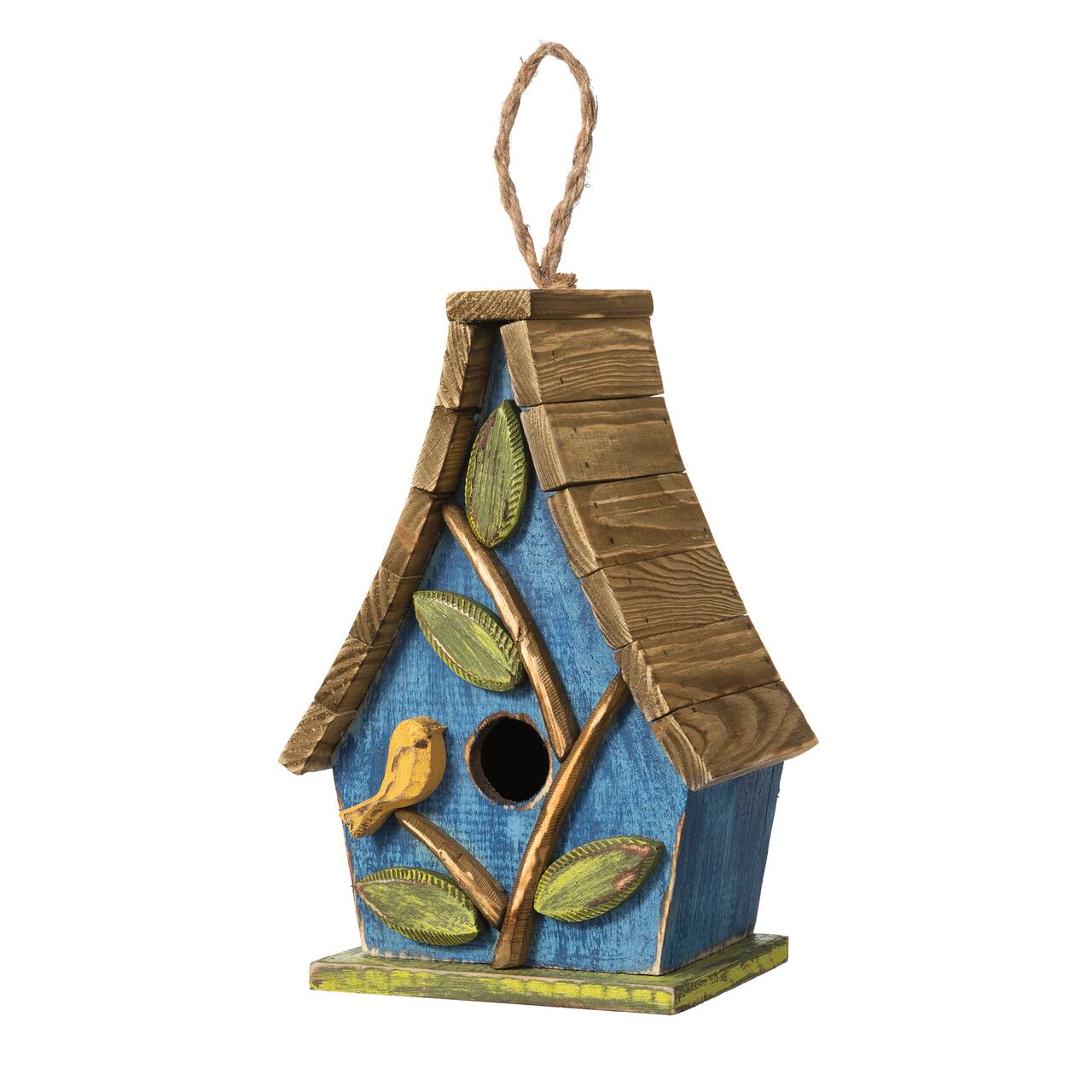 Glitzhome® 12.5" Distressed Wood Birdhouse with Leaves